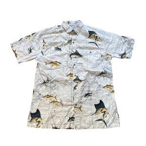 Hook & Tackle Fishing Shirt Mens White Nautical Map Fish Print SIZE Large